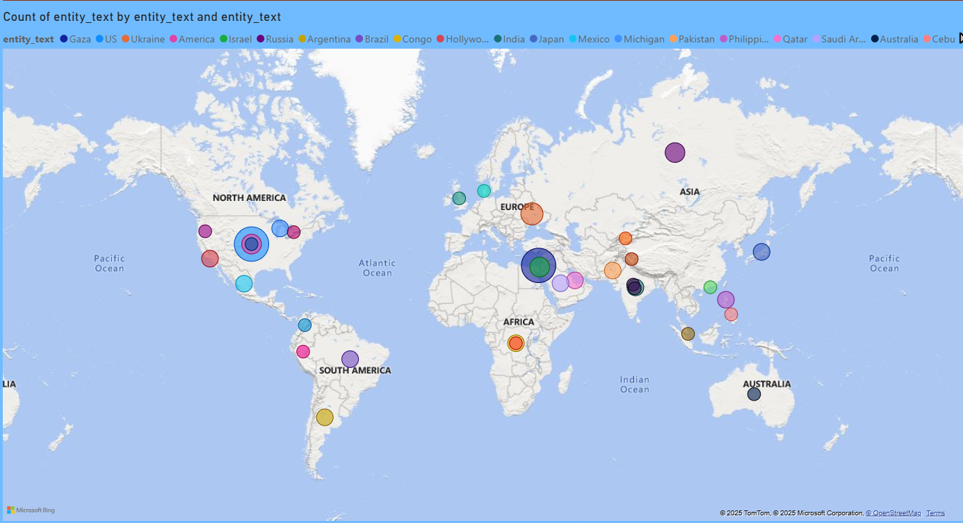 Power BI Map visual showing the frequency of GPE (location) mentions.